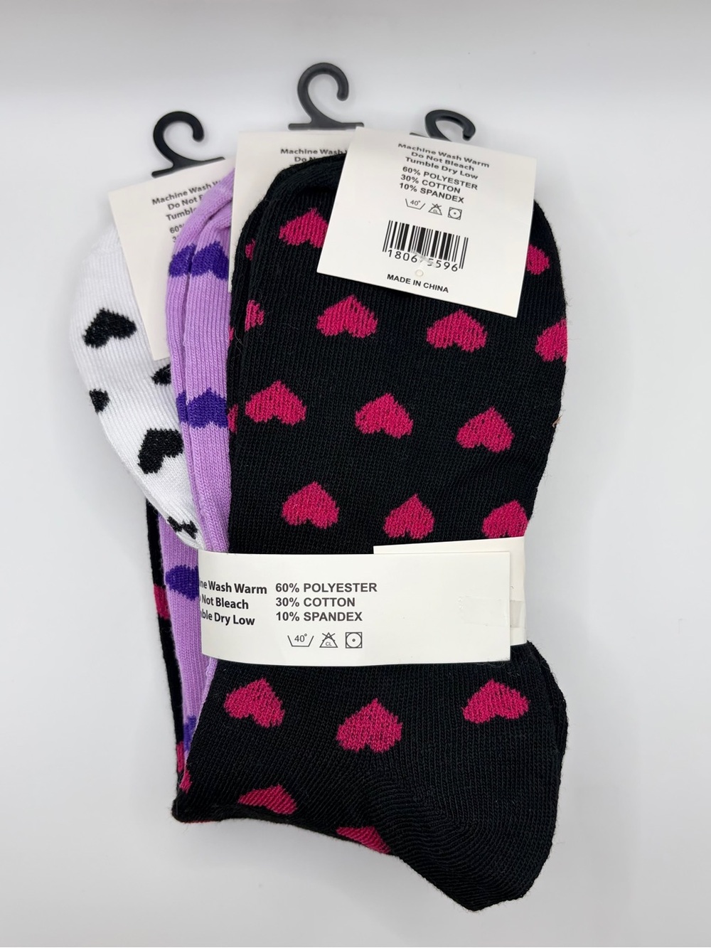 Fashion Socks Ladies Heart Pattern Crew Socks - White, Purple, Black - Picture 2 of 3